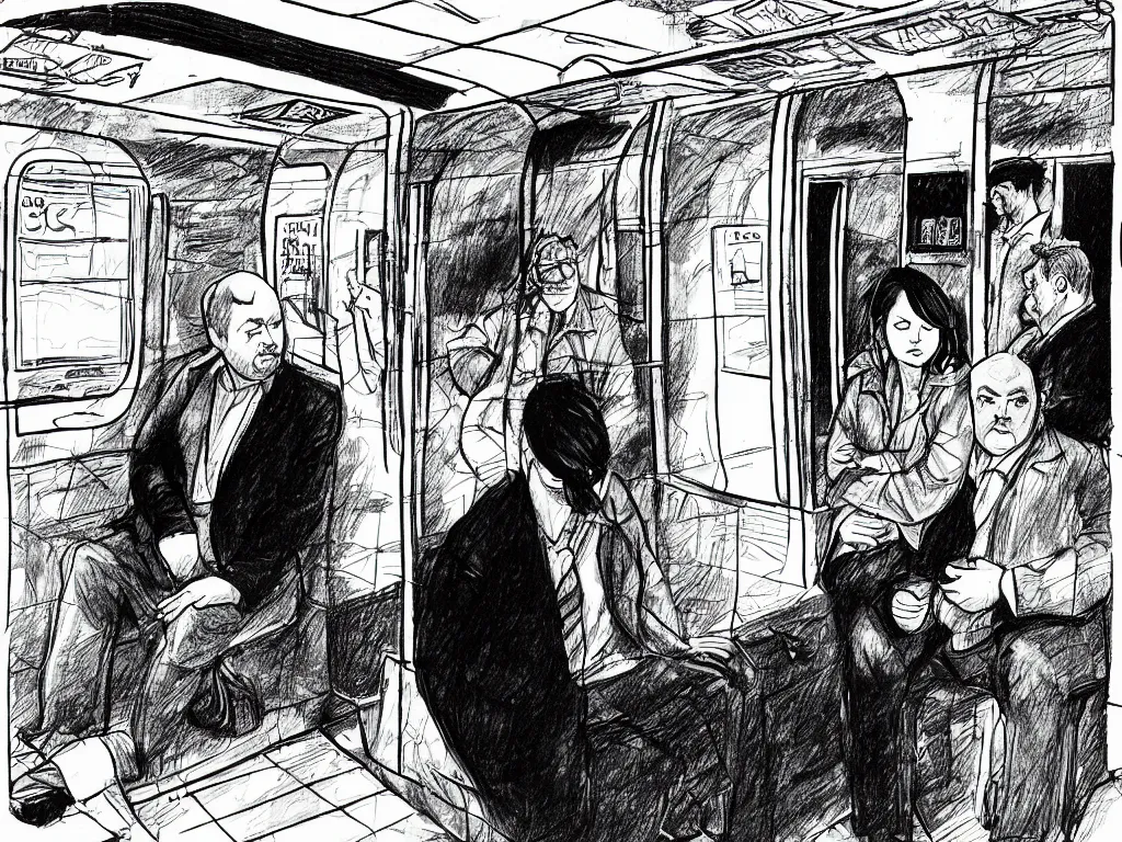 Prompt: a pen and ink drawing by Jaime Hernandez, a low angle medium shot of two people sitting in an empty Chicago subway train, in front of windows: a sad Aubrey Plaza wearing a winter coat and a man who looks like a mix of (Louis CK and Philip Seymour Hoffman) in a suit