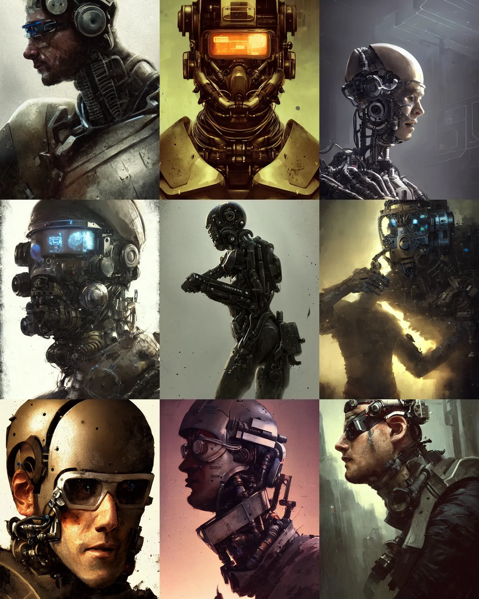 Image similar to a half - masked rugged young laboratory engineer man with cybernetic enhancements as seen from a distance, scifi character portrait by greg rutkowski, esuthio, craig mullins, 1 / 4 headshot, cinematic lighting, dystopian scifi gear, gloomy, profile picture, mechanical, half robot, implants, steampunk