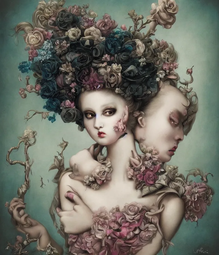 Prompt: pop surrealism, lowbrow art, realistic marie antoinette girl painting, japanese street fashion, hyper realism, muted colours, rococo, natalie shau, loreta lux, tom bagshaw, mark ryden, trevor brown style