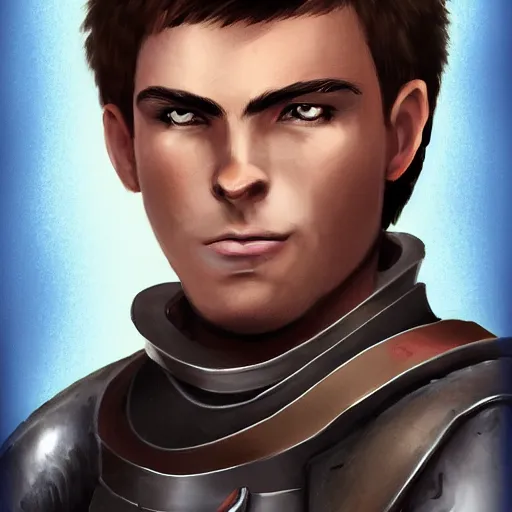 Prompt: character portrait young scarred captain knight with a steel breastplate, short brown hair and stubble. straight nose, brown eyes, lean face and build. hyper detailed