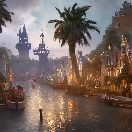 Image similar to a festive seaside magical village with witches and wizards, knights and scholars, inspired by victorian england and amsterdam, palm trees, highly detailed, intricate, digital painting, trending on artstation, concept art, matte painting, art by greg rutkwowski, craig mullins, octane render, 8 k, unreal engine