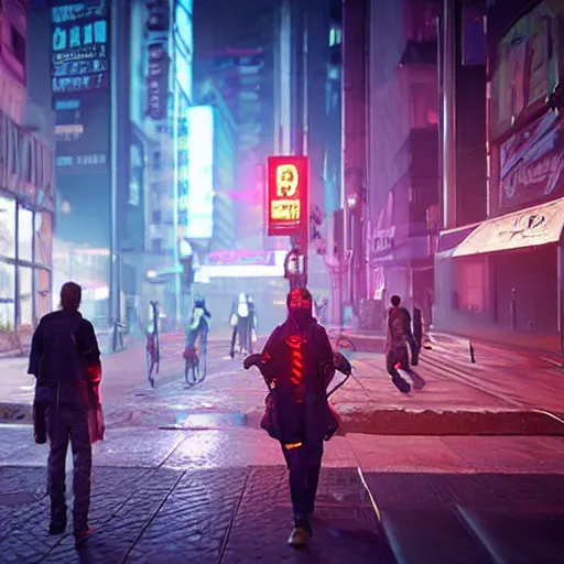 Image similar to distopian cyberpunk street, neon, photorealistic, homeless people in the streets, unreal engine 5 »