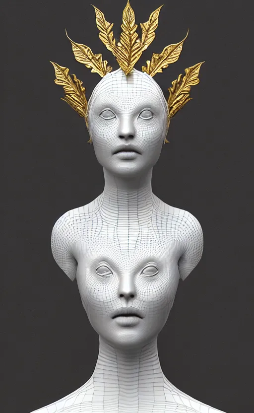 Image similar to [ [ [ tintype ] ] ] 3 d render of a beautiful porcelain profile woman face, vegetal dragon cyborg, rim light, silver gold details, magnolia leaves and stems, roots, fine lace, mandelbot fractal, anatomical, elegant, ultra detailed, white metallic armour, octane render, black and white, h. r. giger style