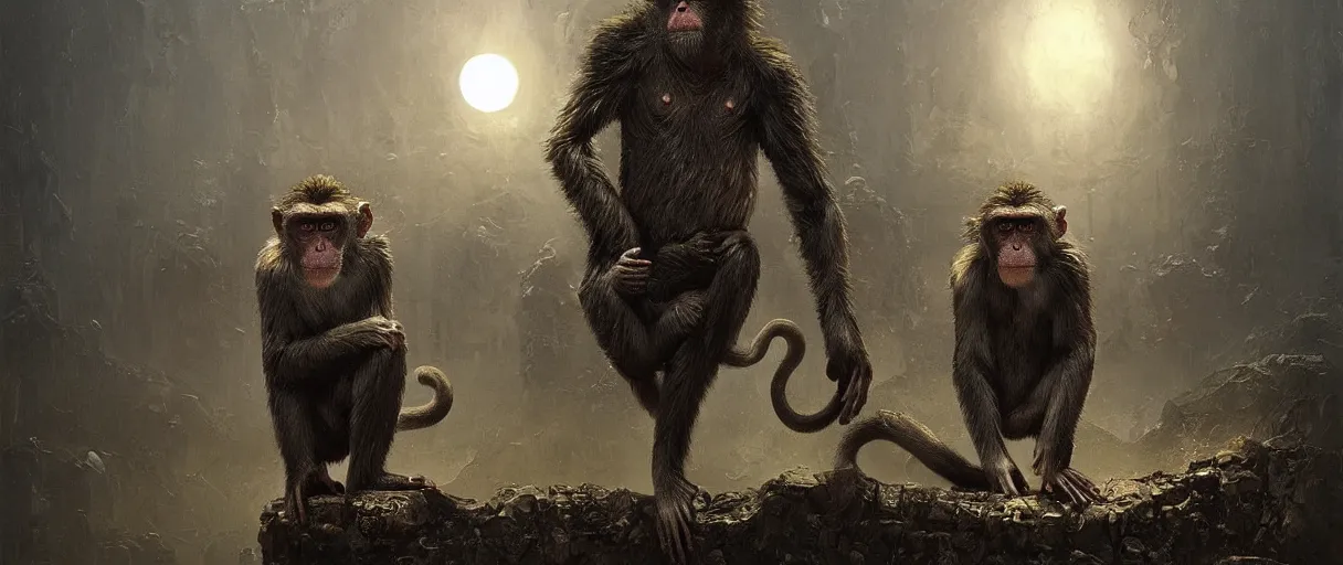 Prompt: Hyper realistic oil painting a monkey wearing ornate metal armor, fog, volumetric lighting, nighttime, moonlight, creepy, by greg rutkowski