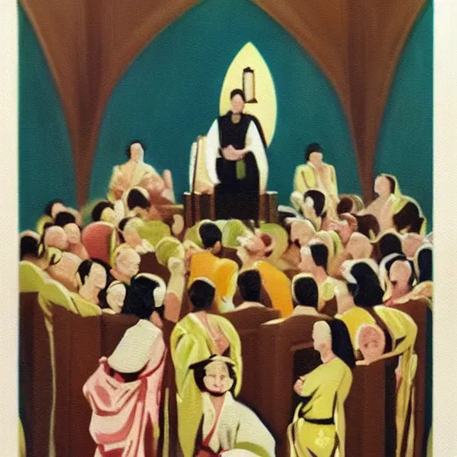 Prompt: a realistic oil painting of baby priest giving orders to its congregation of followers. art deco style mixed with retro japanese book art