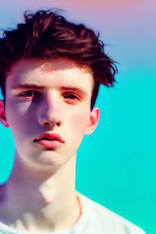 Image similar to high quality pastel coloured film mid angle docu photograph of a beautiful young 2 0 year old male, soft features, short black hair, resting in an icelandic black rock environment. atmospheric. three point light. photographic. art directed. ( pastel colours ). volumetric light. clearcoat. waves glitch. 8 k. filmic.