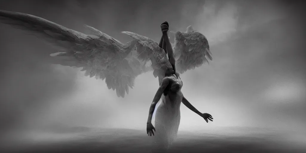 Image similar to angel getting its wings ripped apart and pushed off into the abyss, dark cinematic, volumetric, realistic, 3d render, Realistic Render, Cinematic lighting, Volumetric lighting, atmospheric, cinematic, unreal engine, unreal engine render, octane render, HD, photorealism, hyper realistic, photo, 8K, in the style of Chris Cunnigham, by Wes Anderson