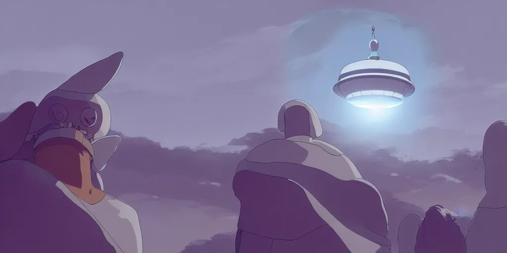 Prompt: an asymmetrical cell - shaded studio ghibli concept art study of a giant silver hovering ufo shining a spotlight on a middle eastern merchant. very dull colors,, hd, 4 k, hq