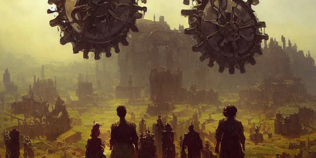 Image similar to giant gears floating in the sky, clockwork, giant mechanisms, industry, villages castles, buildings vista artstation illustration sharp focus sunlit vista painted by ruan jia raymond swanland lawrence alma tadema zdzislaw beksinski norman rockwell tom lovell alex malveda greg staples