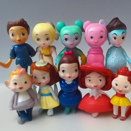 Prompt: product photograph of cute vintage disney figurines, popular, collectible, toys figures, cute, kawaii, toys, white background,