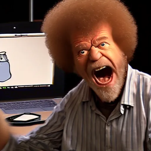 Image similar to angry bob ross screaming at laptop