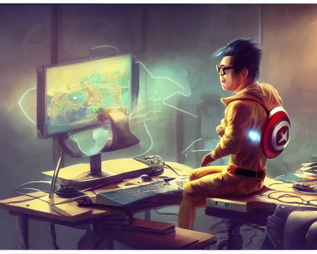 Image similar to an insanely detailed painting of a nerdy asian man wearing a superhero costume, sitting at a desk, staring at the nervously at the computer and typing, in the style of peter mohrbacher, dramatic lighting and composition, surreal background, octane render, pixar, trending on artstation, concept art, comic book, view from behind