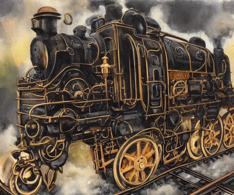 Image similar to steampunk train, 1 9 2 0 s, wet painting