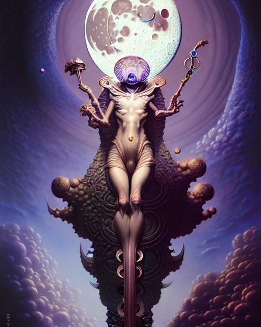 Prompt: the moon tarot card, fantasy character portrait made of fractals, ultra realistic, wide angle, intricate details, the fifth element artifacts, highly detailed by peter mohrbacher, hajime sorayama, wayne barlowe, boris vallejo, aaron horkey, gaston bussiere, craig mullins