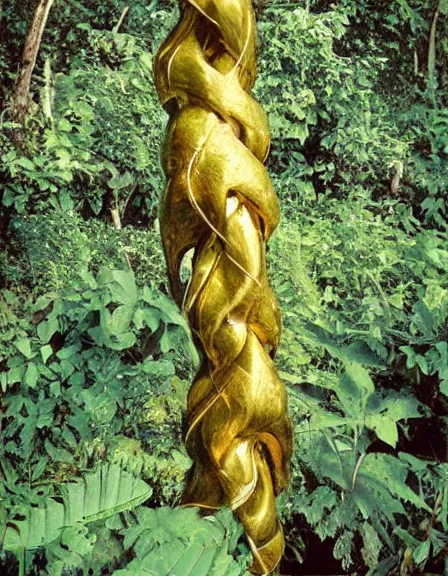 Image similar to vintage color photo of a 1 1 0 million years old abstract liquid gold sculpture covered by the jungle vines