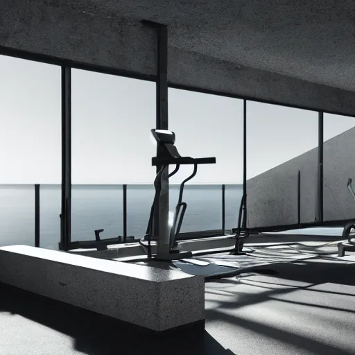 Prompt: brutalist workout gym, big windows, showing sea landscape on background, minimalist architecture, gym furniture, octane render, high quality, 8 k, post production