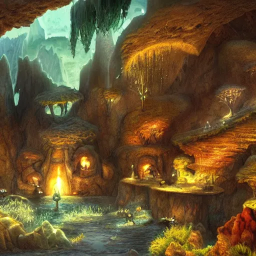 Prompt: a fantastical cave, full of treasure