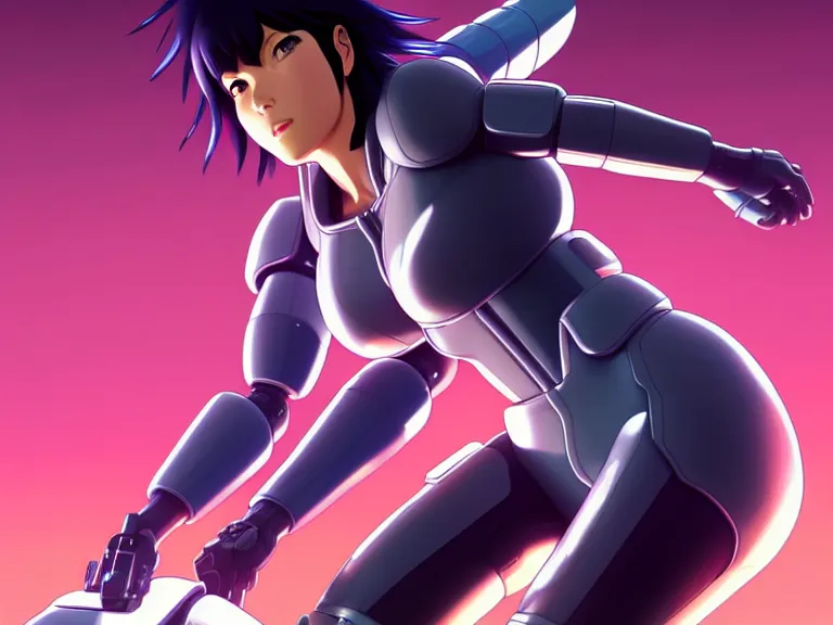 Image similar to a fullbody portrait of motoko kusanagi riding on top of a tachikoma : : stand alone complex, ghost in the shell, netflix : : by ilya kuvshinov, rossdraws, artgerm, sola digital arts, anti aliasing, raytracing : :