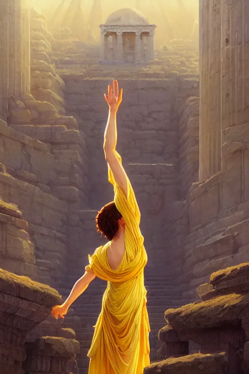 Image similar to high detail portrait, screaming woman wearing ancient greek yellow paper tunic, hands in air, stephen bliss, fantasy art by greg rutkowski, rhads, ferdinand knab, makoto shinkai and lois van baarle, ilya kuvshinov, rossdraws, tom bagshaw, global illumination, radiant light, ancient greek temple ruins, red and blue color theme