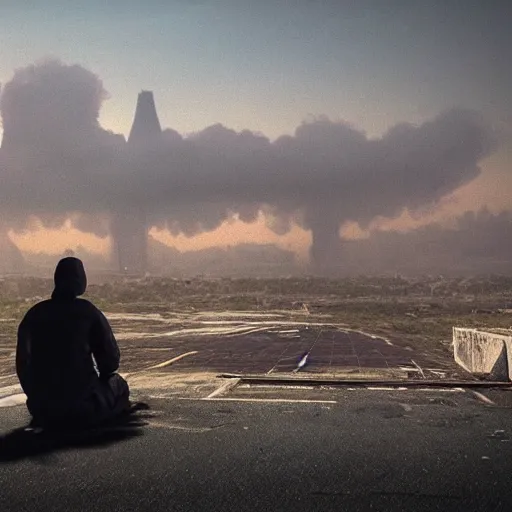 Prompt: a beautiful award-winning photo of the last man on Earth wearing a hazmat suit, sitting and depressed, serene post-nuclear background, a huge nuclear cloud, a mirage of a skyline of a destroyed city, numerous fires, volumetric lighting, haze, very high quality, extremely detailed, subtle visual noise, unreal engine 5, 8K