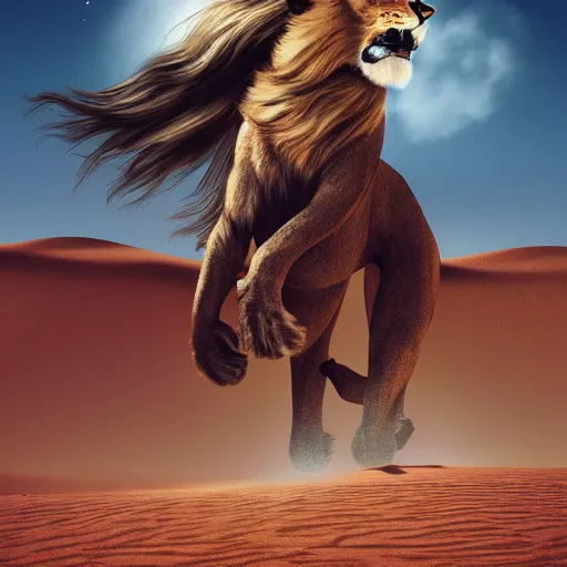 Prompt: girl riding a giant lion in the Sahara, trending on artstation