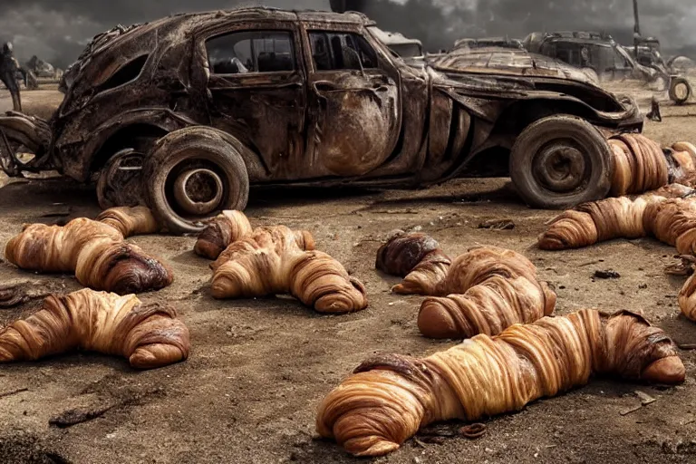 Image similar to croissant graveyard, in a dark and gritty version from the makers of mad max fury road