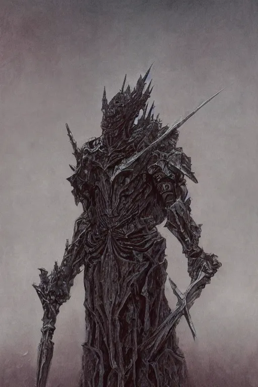 Image similar to Distorted god knight in robe with a giant reaper scythe, dark fantasy, intricate, highly detailed, smooth, artstation, painted by Wayne Barlowe, zdislav beksinski, Francis Bacon