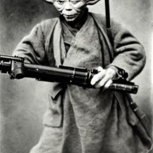 Prompt: old wartime photograph of yoda from star wards holding a lewis gun, grainy photo, sepia tone 1 9 1 7