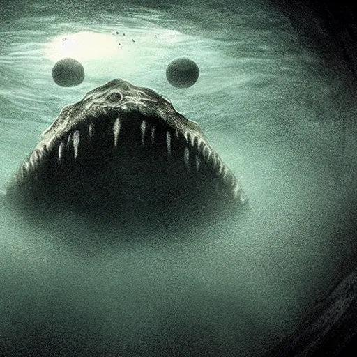 Image similar to sea monster about to eat pov underwater, pale skin, dark yellowish water, foggy water, dark, dramatic,'silent hill ', big eyes, alluring and terrifying, whole body cinematic