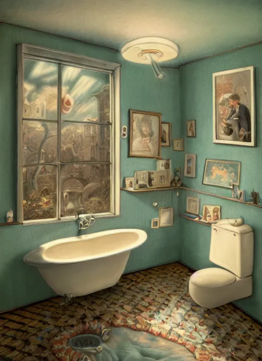 Image similar to highly detailed wide - angle portrait of a retro 1 9 6 0 s bathroom, nicoletta ceccoli, mark ryden, lostfish, earl nore, hyung tae, frank frazetta, global illumination, god rays, detailed and intricate environment