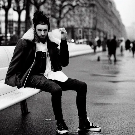 Prompt: black and white fashion photograph, highly detailed portrait of a depressed white drug dealer sitting on a bench on a busy Paris street, looking into camera, eye contact, natural light, rain, mist, lomo, fashion photography, film grain, motion blur, soft vignette, sigma 85mm f/1.4 1/10 sec shutter