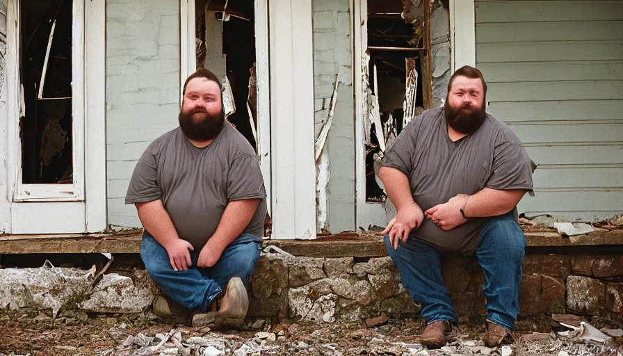 Image similar to close up portrait of fat redneck man sitting on front porch of dilapidated house, award winning, kodak gold 2 0 0,