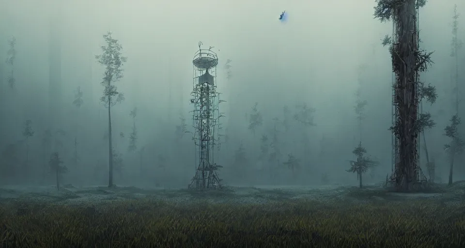 Prompt: Derelict Radio Tower in a pine forest landscape, very foggy and hazy, rendered by zdzisław beksiński, simon stålenhag, Beeple, environment concept, digital art, starwars, unreal engine, 3 point perspective, WLOP, trending on artstation, low level, 4K UHD image, octane render,