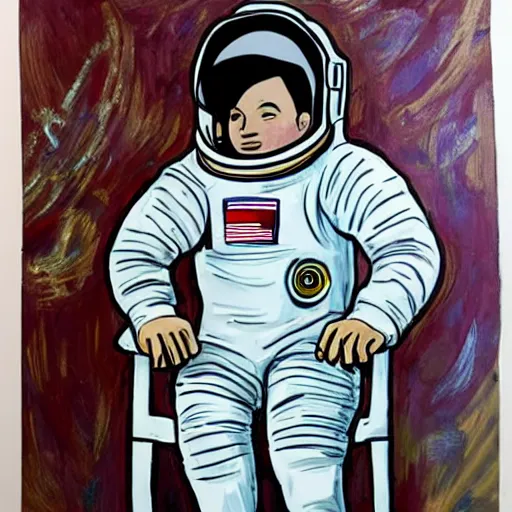 Image similar to astronaut relaxing on a chair with a bottle in the style of albright, ivan