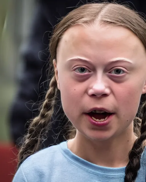 Prompt: film still close - up shot of greta thunberg giving a speech in a train station full of raw meat. photographic, photography