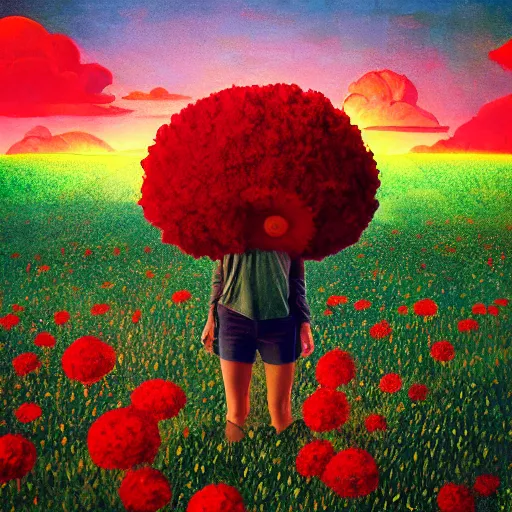 Prompt: giant red flower afro, full body, girl floating in the middle of a field with flowers, surreal photography, hills, sunrise dramatic light, impressionist painting, colorful clouds, digital painting, pointillism, artstation, simon stalenhag