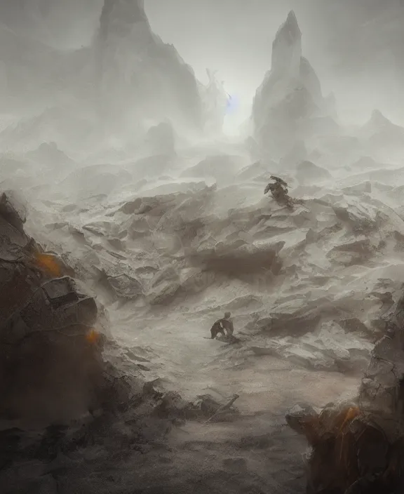 Image similar to surreal epic, masterpiece, romantic prometheus white } base, ancient ochre palette, impossible architecture by ruan jia, mecha floor, futuristic, blame, white architecture in the beach in iceland, foggy, highly detailed, digital painting, arstation, concept art, hyperealistic octane render, unreal engine