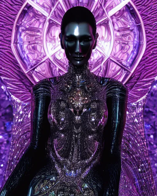 Prompt: a highly detailed metahuman 4 k close up render of a bella hadid as black latex monument renaissance in iris van herpen dress schiaparelli in diamonds crystals swarovski and jewelry iridescent in style of alphonse mucha gustav klimt trending on artstation made in unreal engine 4