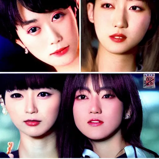 Image similar to 1990s, unbelievably beautiful, perfect, dynamic, epic, cinematic 8K HD movie shot of two semi-close-up japanese beautiful cute young J-Pop idols actresses girls, they express joy and posing together. By a Chinese movie director. Motion, VFX, Inspirational arthouse, high budget, hollywood style, at Behance, at Netflix, with Instagram filters, Photoshop, Adobe Lightroom, Adobe After Effects, taken with polaroid kodak portra