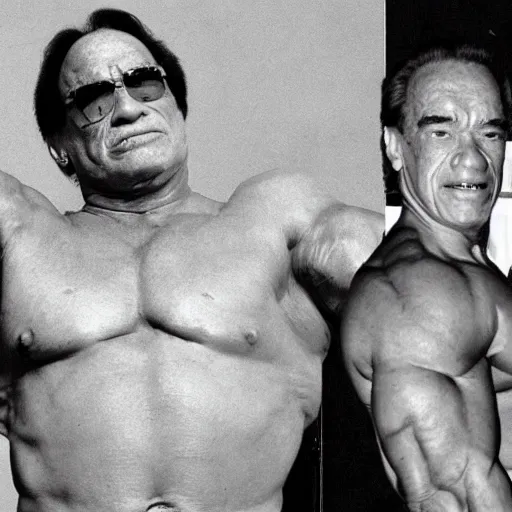 Prompt: what if danny de vito had arnold schwarzenegger's body, photo, flexing, realistic, detailed