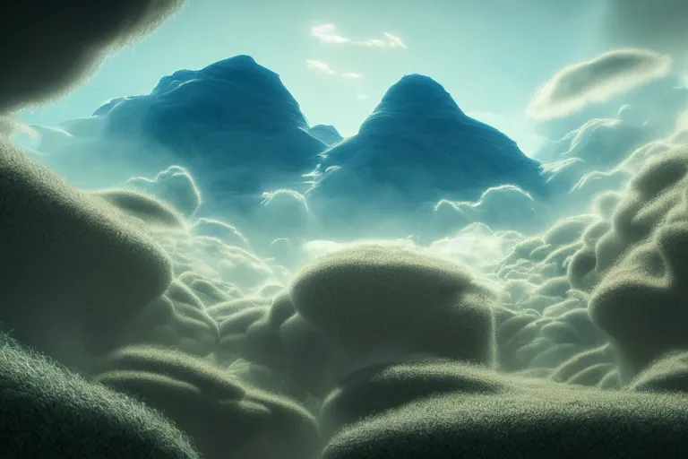 Image similar to a psychedelic realm in another dimension with rolling plains made out of clouds, mountains made out of icebergs, and plant life made out of cotton candy, in the style of wlop, illustration, epic, fantasy, hyper detailed, smooth, unreal engine, sharp focus, ray tracing