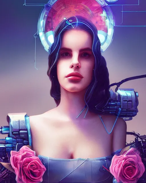 Image similar to portrait of lana del rey as a cyberpunk cyborg. roses, sci - fi, missing panels, intricate abstract, upper body, intricate artwork, by tooth wu, wlop, beeple, dan mumford. concept art, 8 k octane render, deviantart, greg rutkowski, cinematic, key art, hyperrealism, iridescent accents