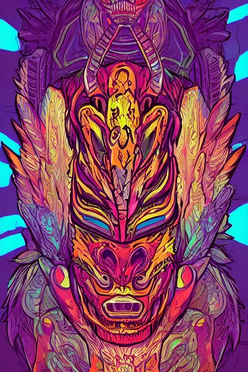 Image similar to totem animal tribal chaman vodoo mask feather gemstone plant video game illustration vivid color borderlands by josan gonzales and dan mumford radiating a glowing aura