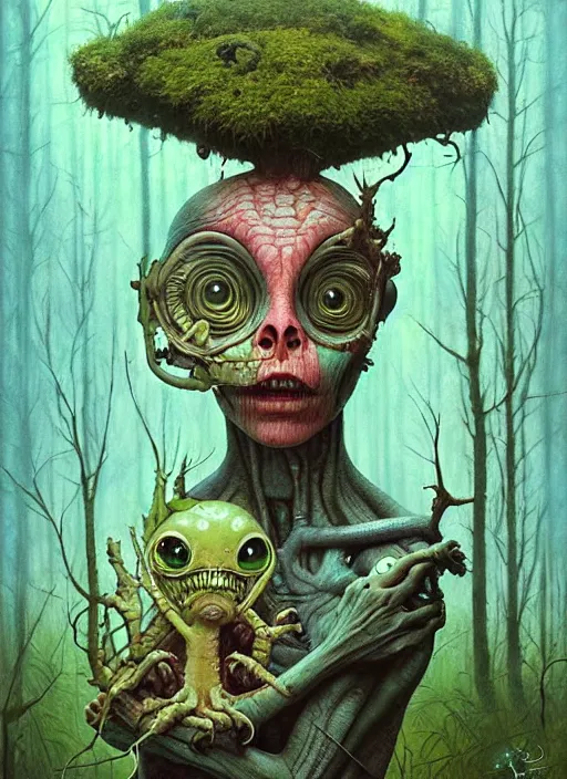 Prompt: cute alien in the woods by a river gorgeous lighting, lush forest foliage blue sky a hyper realistic painting by chiara bautista and beksinski and norman rockwell and greg rutkowski, tom bagshaw weta studio, and lucasfilm