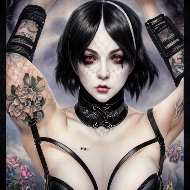 Image similar to two beautiful pale skin white eyed cosplay girls, black hair, fully tattooed body, leather fishnet harness with choker, symmetrical, beautiful detailed face, masterpiece, artstation contest winner, trending artgerm, paint by magali villeneuve and karol bak and artgerm and stanley lau and wlop