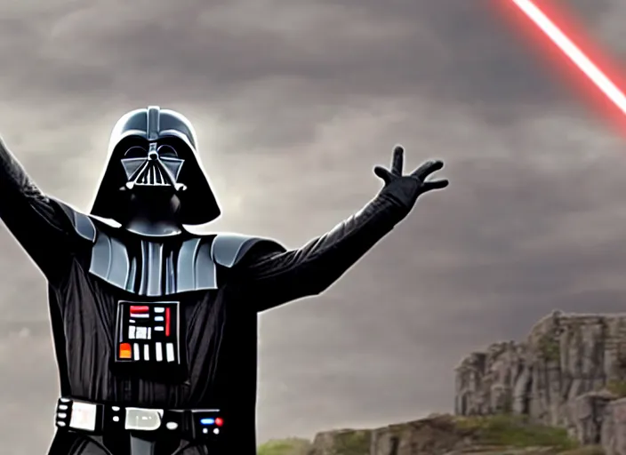 Image similar to film still of Darth Vader jumping up in joy over his great success in the new Star Wars movie, 4k