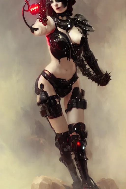 Prompt: Portrait of beautiful pale smiling cyborg goth anime maiden in bikini armor with crown of thorns and glowing red eyes, steampunc, digital art from artstation by Ruan Jia and Mandy Jurgens and Artgerm and william-adolphe bouguereau
