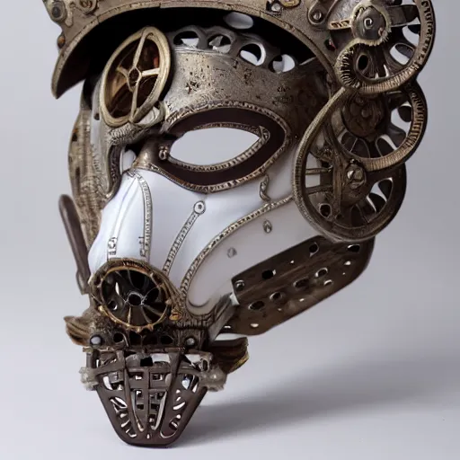 Image similar to extremly detailed white ceramic steampunk mask, high details, photorealistic, 8 k, sharp focus, white ceramic material