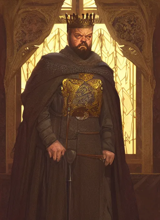 Prompt: Orson Welles as medieval King, intricate, elegant, highly detailed, digital painting, artstation, concept art, smooth, sharp focus, illustration, game of thrones, art by greg rutkowski and alphonse mucha and aleksi briclot