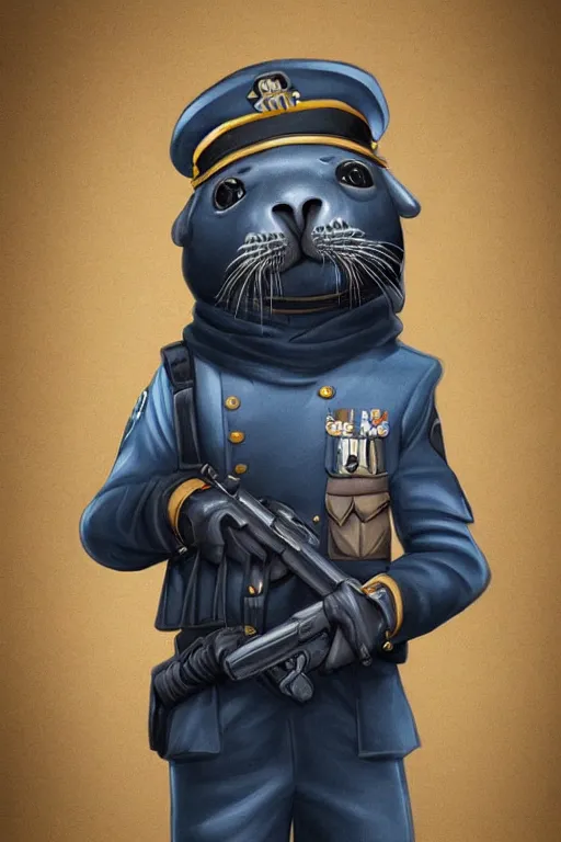 Prompt: A cute seal shown in navy uniform, digital art, extremely detailed, portrait, trending on artstation